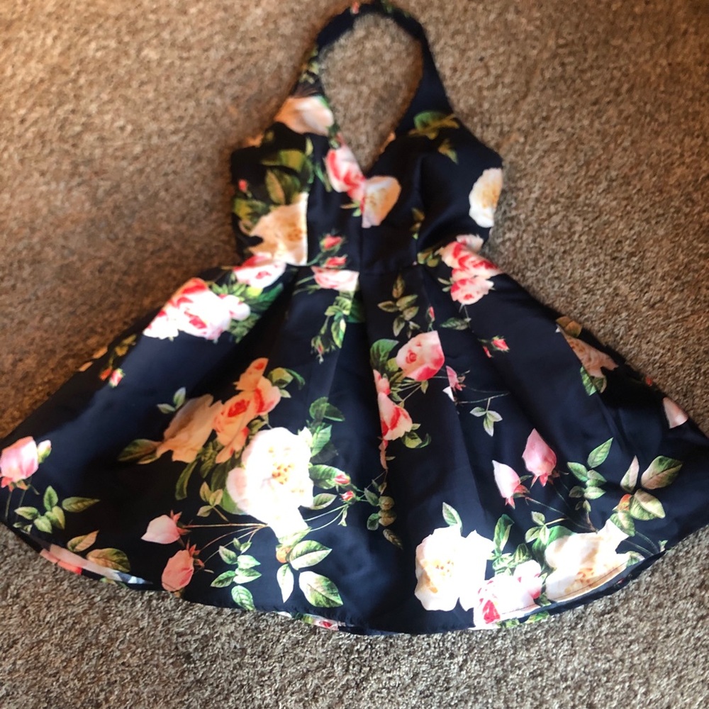 A navy floral dress